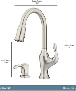 Pfister Deming Kitchen Faucet with Pull Down Sprayer and Soap Dispenser, Single Handle, High Arc, Spot Defense Stainless Steel Finish, F5297DMGS 2