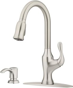 Pfister Deming Kitchen Faucet with Pull Down Sprayer and Soap Dispenser, Single Handle, High Arc, Spot Defense Stainless Steel Finish, F5297DMGS