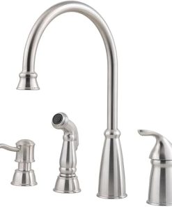 Pfister Avalon Kitchen Sink Faucet with Side Sprayer and Soap Dispenser, Single Handle, 4-Hole, High Arc, Stainless Steel Finish, GT264CBS