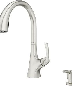 Pfister Masey Kitchen Faucet with Pull Down Sprayer and Soap Dispenser, Single Handle, High Arc, Stainless Steel Finish, F5297MCS