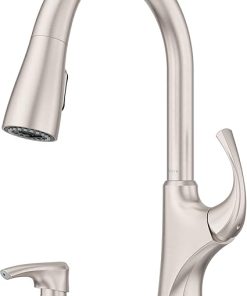 Pfister Miri 2.0 Kitchen Faucet with Pull Down Sprayer and Soap Dispenser, Single Handle, High Arc, Spot Defense Stainless Steel Finish, F5297MRRGS