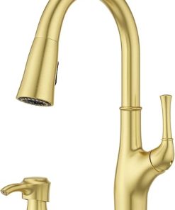 Pfister Alderwood Kitchen Faucet with Pull Down Sprayer and Soap Dispenser, Single Handle, Brushed Gold Finish, F5297AWBG