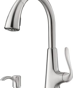 Pfister Pasadena Kitchen Faucet with Pull Down Sprayer and Soap Dispenser, Single Handle, High Arc, Stainless Steel Finish, F5297PDS