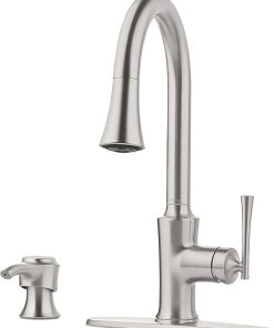 Pfister Antrom Kitchen Faucet with Pull Down Sprayer and Soap Dispenser, Single Handle, High Arc, Spot Defense Stainless Steel Finish, F5297AOGS