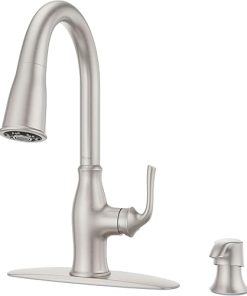 Pfister Rosslyn Kitchen Faucet with Pull Down Sprayer and Soap Dispenser, Single Handle, High Arc, Spot Defense Stainless Steel Finish, F5297RSSRGS