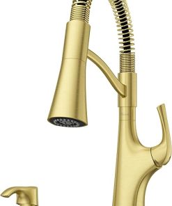 Pfister Ladera Commercial Culinary Kitchen Faucet with Pull Down Sprayer and Soap Dispenser, Single Handle, Brushed Gold Finish, F5297LRCBG
