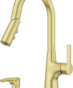 Pfister Tasso Kitchen Faucet with Pull Down Sprayer and Soap Dispenser, Single Handle, High Arc, Brushed Gold Finish, F5297TSOBG