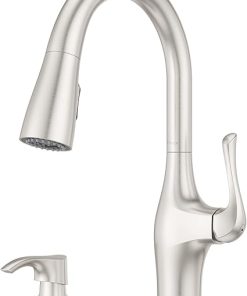 Pfister Wray Kitchen Faucet with Pull Down Sprayer and Soap Dispenser, Single Handle, High Arc, Spot Defense Stainless Steel Finish, F5297WRYGS