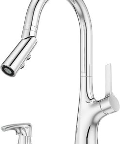 Pfister Ceylon Kitchen Faucet with Pull Down Sprayer and Soap Dispenser, Single Handle, Polished Chrome Finish, F5297CLOC