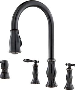 Pfister Hanover Kitchen Faucet with Pull Down Sprayer and Soap Dispenser, 2-Handle, 4-Hole, High Arc, Tuscan Bronze Finish, F5314HNY