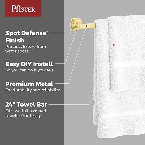 Pfister Vaneri Bath Towel Bar for Bathroom, 24-Inch, Wall-Mounted, Screw-in, Brushed Gold Finish, BTBVRI2BG - Image 2